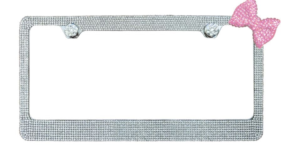 Clear Crystal Chrome Metal License Plate Frame With Pink Corner Bow