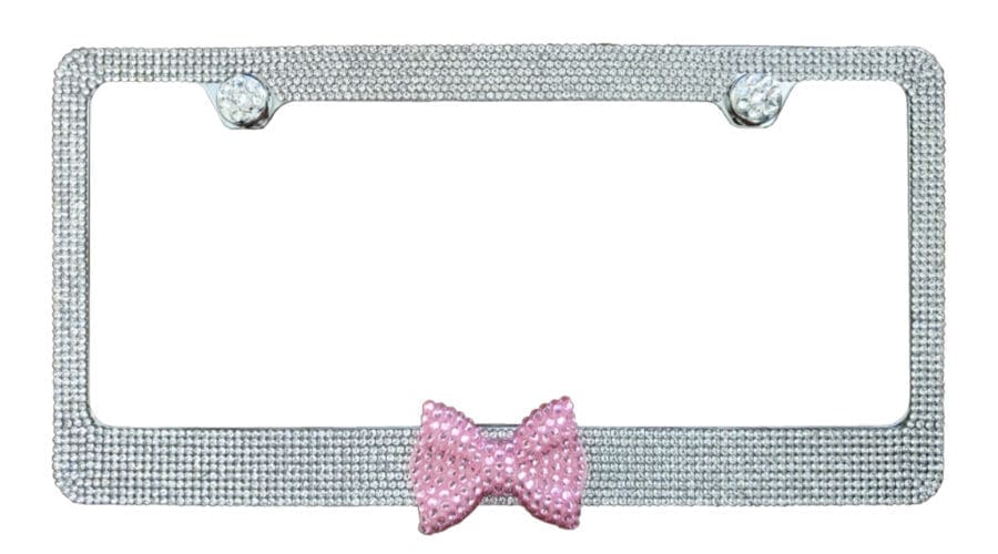 Clear Crystal Chrome Metal License Plate Frame With Pink Middle Bow